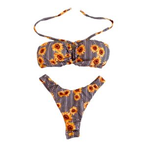 Conjunto de bikini Brasileño top strapless bottom colales rosa crema Girasoles