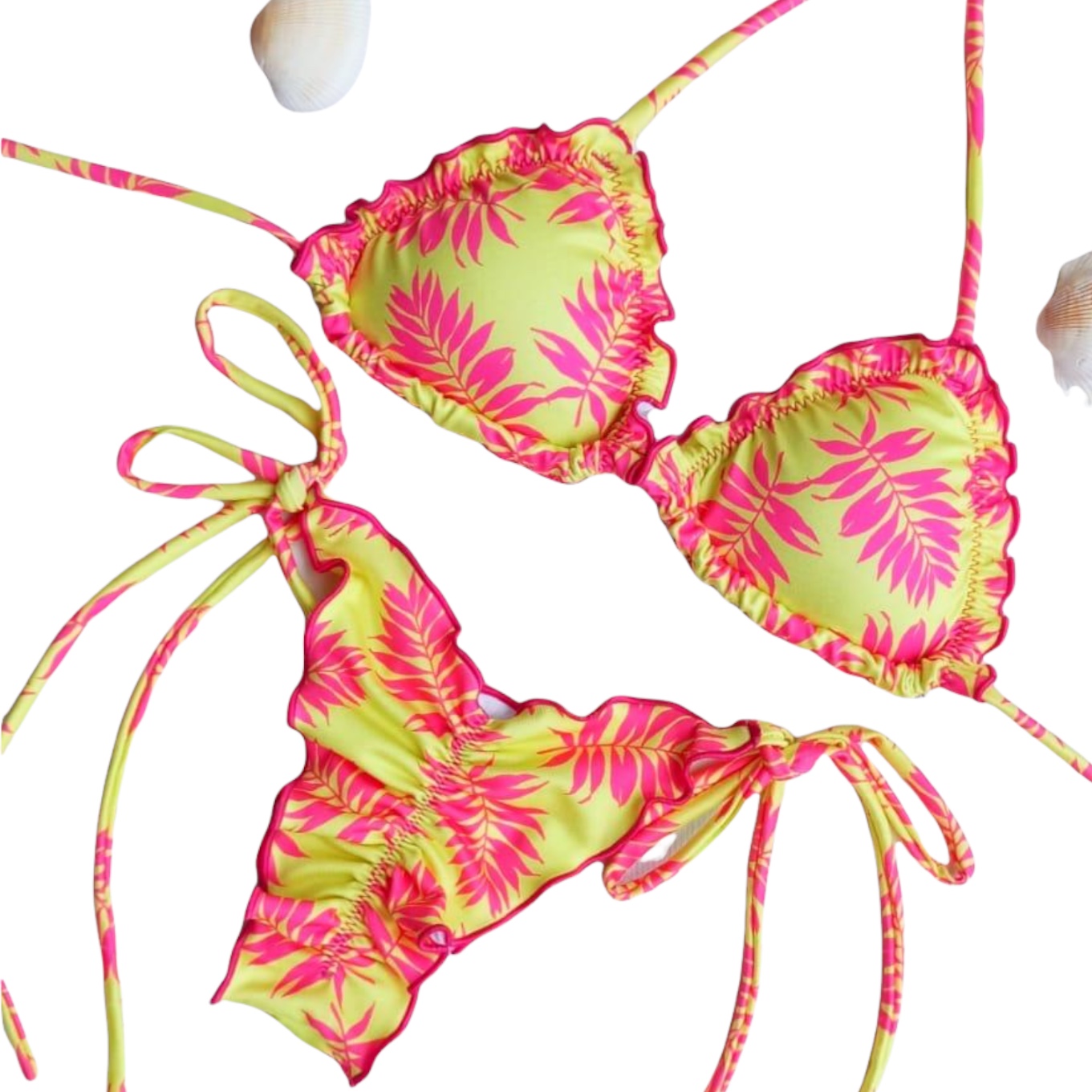 Conjunto de bikini Brasileño top triángulo bottom con amarras Push Up amarillo hojas rosadas kai mía - Imagen 5