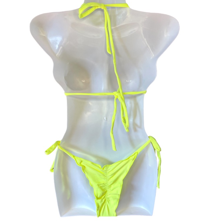 Conjunto de bikini Brasileño top triángulo bottom amarras Push Up amarillo flúor kai mía - Imagen 2