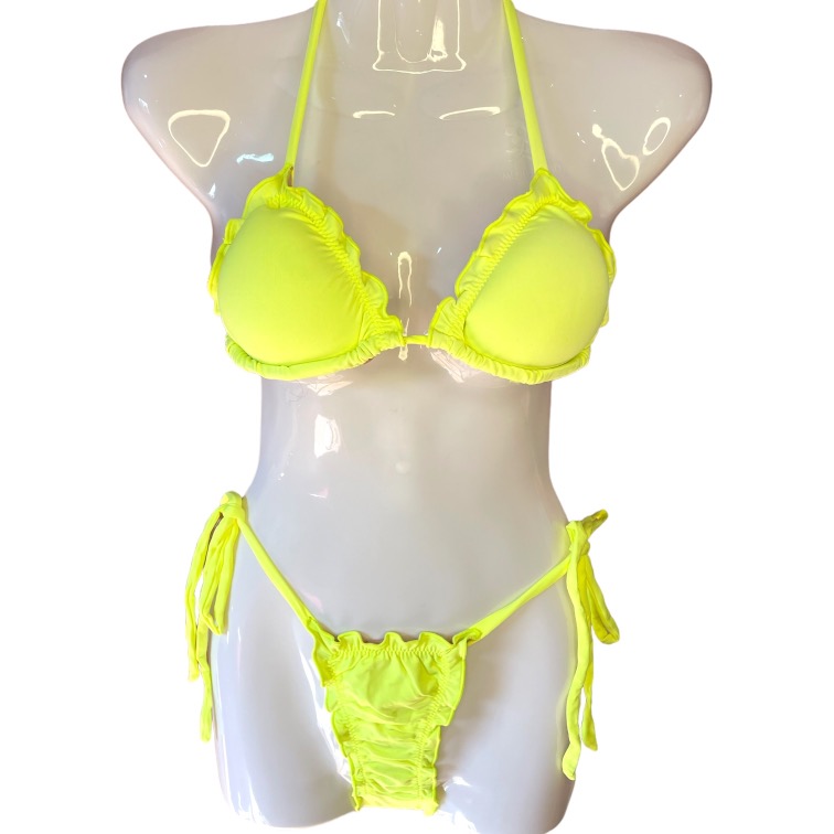 Conjunto de bikini Brasileño top triángulo bottom amarras Push Up amarillo flúor kai mía