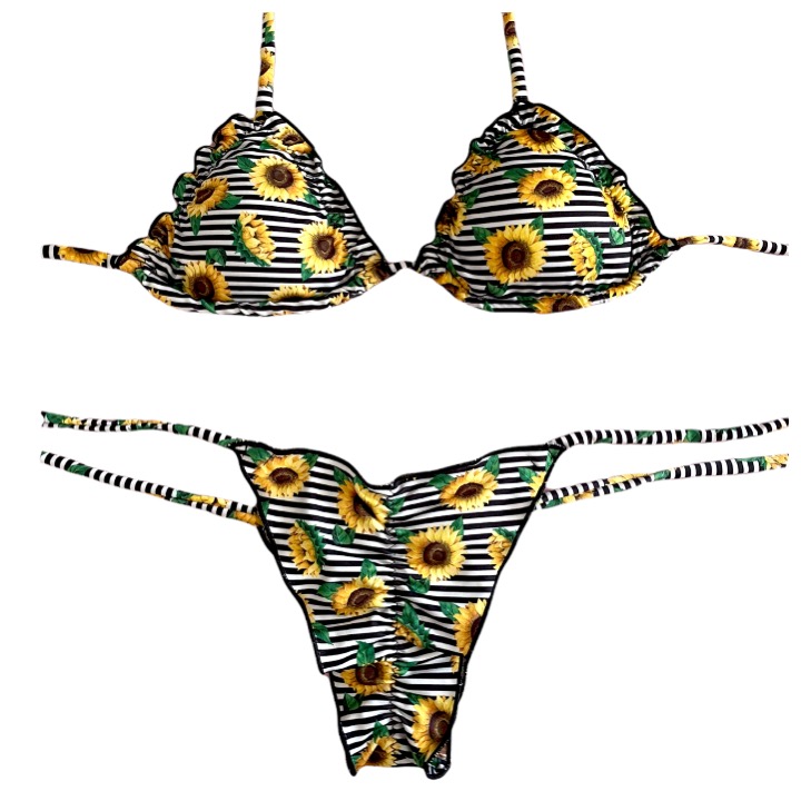 Conjunto de bikini Brasileño rayas y girasoles borde negro top triángulo + bottom con amarras Push Up Kai mia - Imagen 3