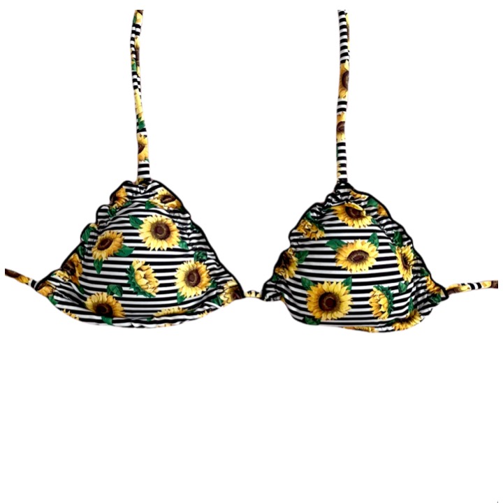 Conjunto de bikini Brasileño rayas y girasoles borde negro top triángulo + bottom con amarras Push Up Kai mia - Imagen 4