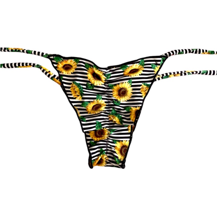 Conjunto de bikini Brasileño rayas y girasoles borde negro top triángulo + bottom con amarras Push Up Kai mia - Imagen 5