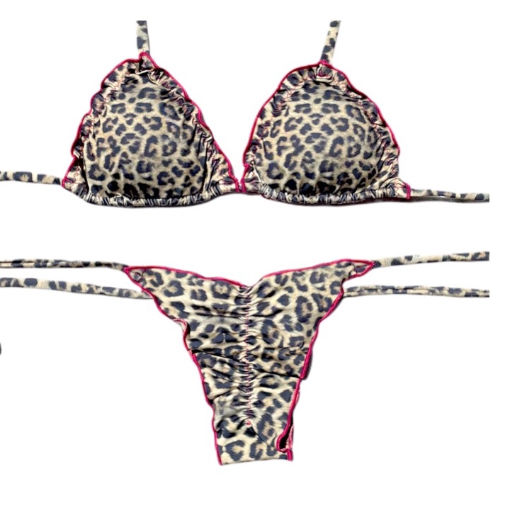 Conjunto de bikini brasileño top triángulo + bottom amarras Push Up animal print borde fucsia Kai mía - Imagen 4