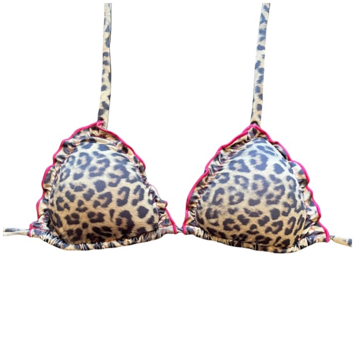 Conjunto de bikini brasileño top triángulo + bottom amarras Push Up animal print borde fucsia Kai mía - Imagen 5
