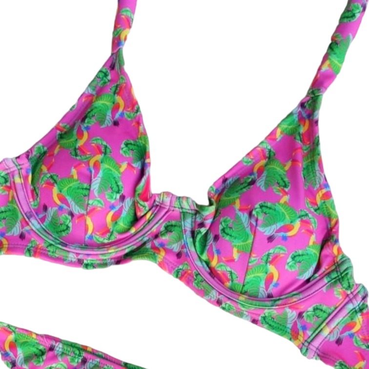 Top de bikini brasileño tipo sostén con fierro inferior Rosado Hojas Verdes - Imagen 2