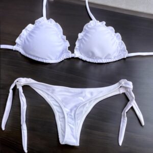 Conjunto de bikini Brasileño top triángulo + bottom amarras colales blanco satinado kai mae