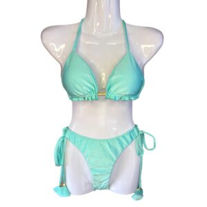 Conjunto de bikini Brasileño top triángulo vuelos inferiores Bottom amarras push up Celeste Satinado Sol Annia
