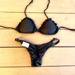 Conjunto de bikini Brasileño top triángulo + bottom colales push up regulable Negro Satinado kai lu