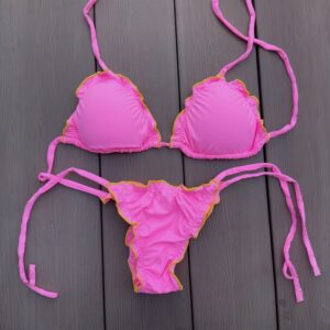 Conjunto de Bikini Brasileño rosado borde amarillo top triángulo + bottom con amarras Push Up Kai mía