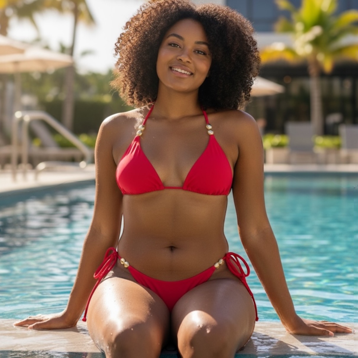 Conjunto de bikini Brasileño top triángulo con aplicación plateada en tirantes + Bottom amarras con aplicación plateada en tirantes colales rojo