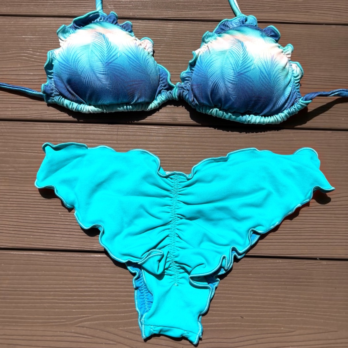 Conjunto de bikini Brasileño top triángulo + bottom culote push up caribe turquesa Kai maia - Imagen 2
